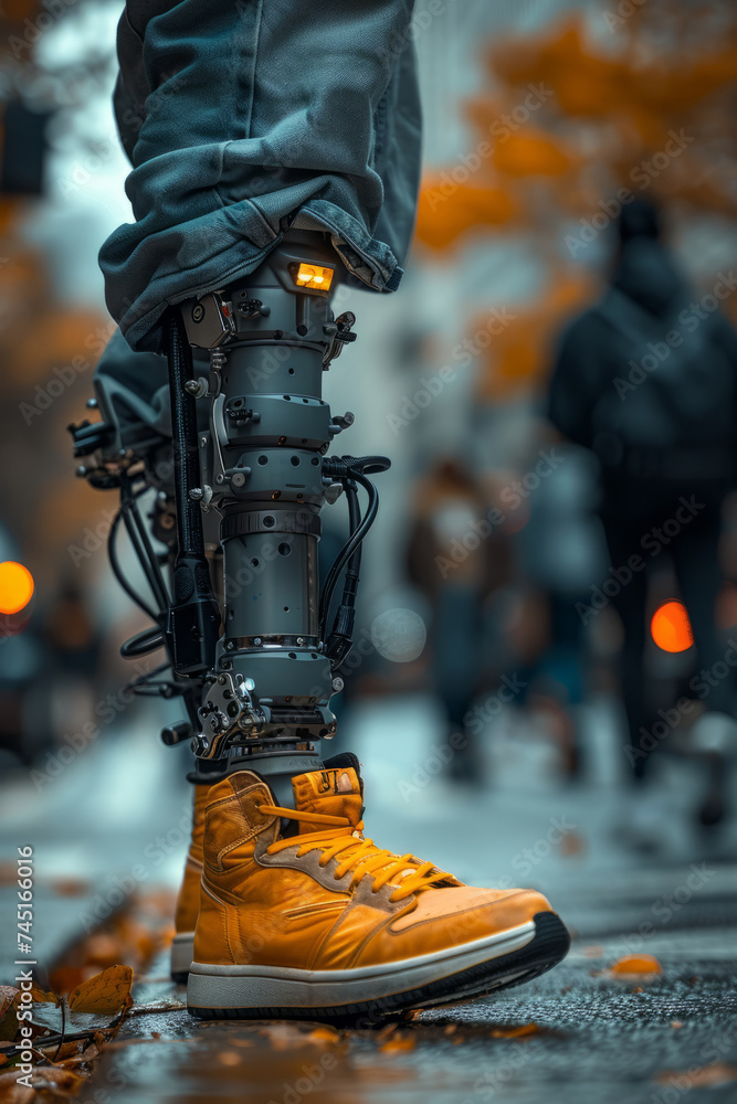 City stroll with technologically advanced prosthetic limb, highlighting the intersection of human and machine. City stroll with technologically advanced prosthetic limb, highlighting the intersection of human and machine.