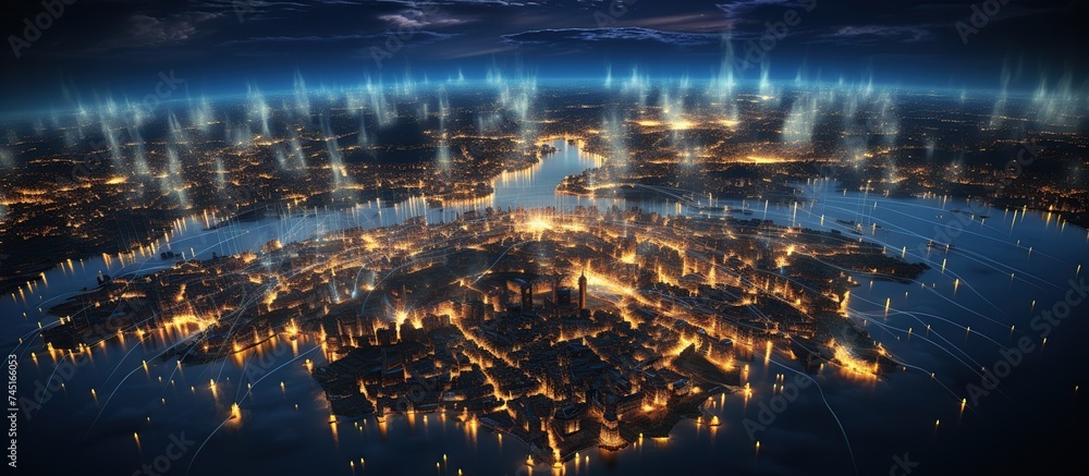 Futuristic technology background with world map and glowing lights.