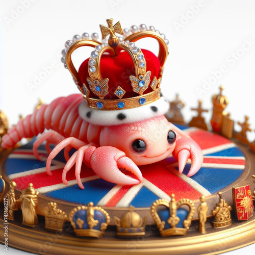 cute cartoon crayfish Cancer king in a royal crown, on the background of the British English flag, multiplane photo