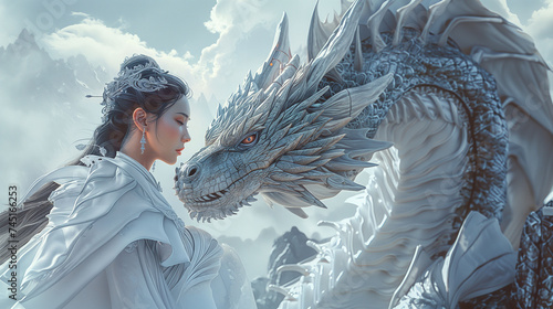 White Goddess with Dragon Fantasy Digital Artwork Concept Art image HD Print ar16:9. Neo Modern Art V3 19 photo