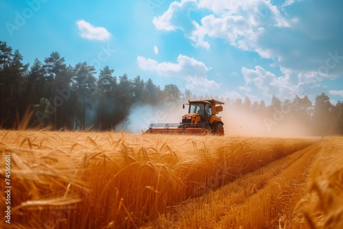 an agricultural farming vehicle tractor harvesting wheat and crops which is on fire burning from heat or missiles in war