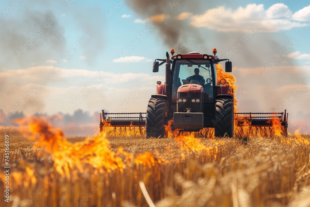 Obraz premium an agricultural farming vehicle tractor harvesting wheat and crops which is on fire burning from heat or missiles in war