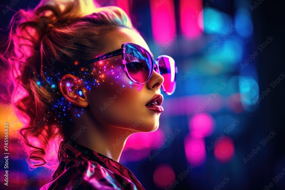 A pop art fantasy with a woman surrounded by a rainbow of colors A pop art fantasy with a woman surrounded by a rainbow of colors