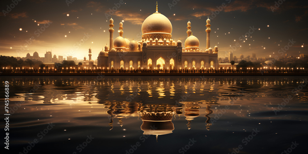 White and Golden Mosque Illustration Wide Banner - obrazy, fototapety, plakaty 