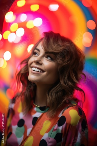 A pop art fantasy with a woman surrounded by a rainbow of colors