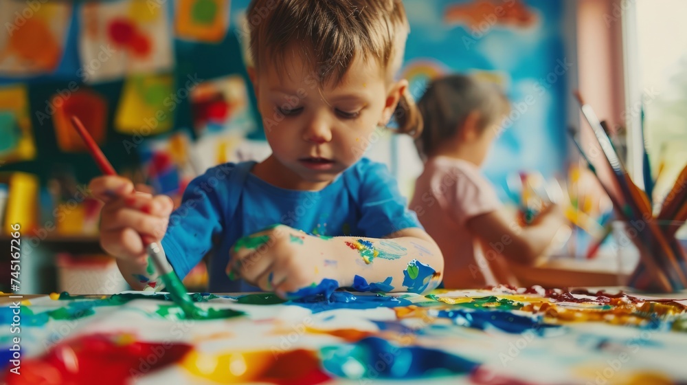 Group Of Toddler Preschoolers Painting In A Nursery Setting Group Of Toddler Preschoolers Painting In A Nursery Setting