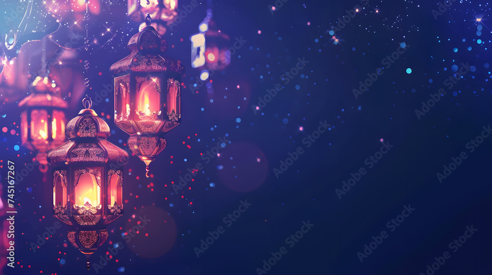Obraz premium Beautiful bright background on the theme of the Muslim, Arabic holiday of Ramadan with its attributes. AI Generated