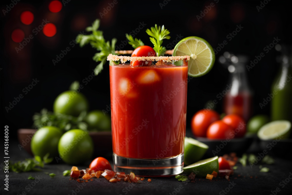 Bloody Mary cocktail with tomato, lime and cilantro on dark background. Commercial promotional photo Bloody Mary cocktail with tomato, lime and cilantro on dark background. Commercial promotional photo