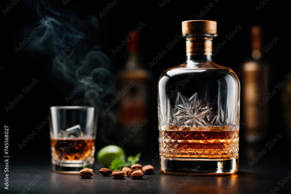 Glass of whiskey with ice cubes on dark background. Commercial promotional photo Glass of whiskey with ice cubes on dark background. Commercial promotional photo