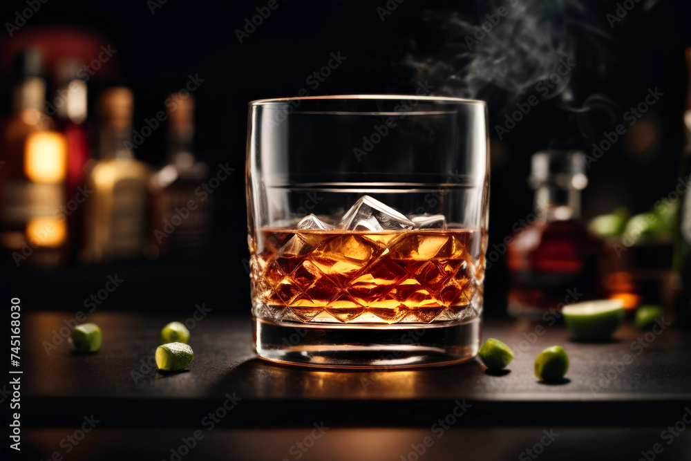 Glass of whiskey with ice cubes on dark background. Commercial promotional photo Glass of whiskey with ice cubes on dark background. Commercial promotional photo