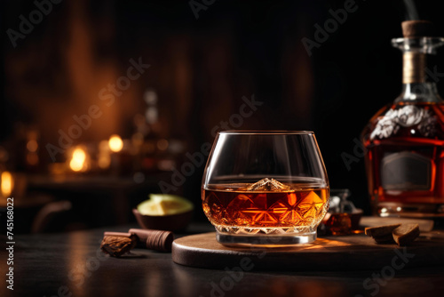 Bottle and glass of whiskey or cognac on dark background. Commercial promotional photo