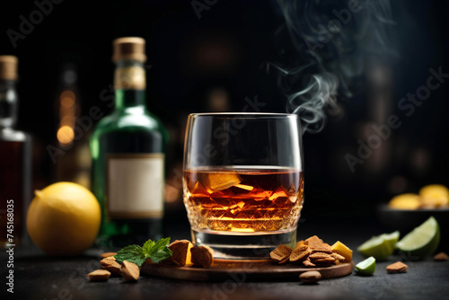Glass of whiskey with ice cubes on dark background. Commercial promotional photo
