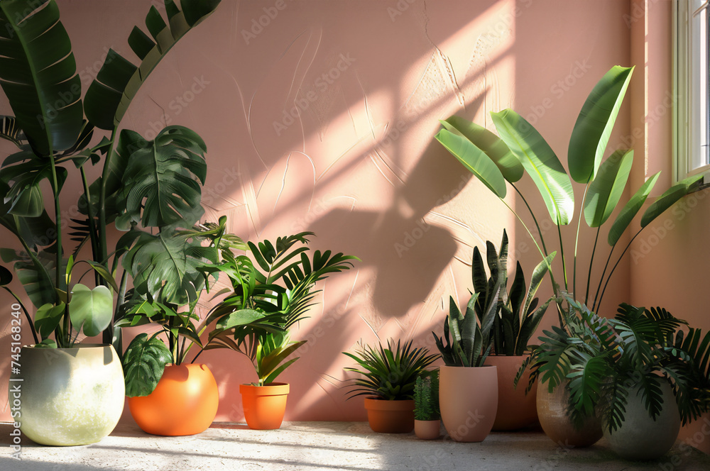 Group of stylish green home plant standing against a pink wall, beautiful shadows on the floor, horizontal composition with copy space for text.