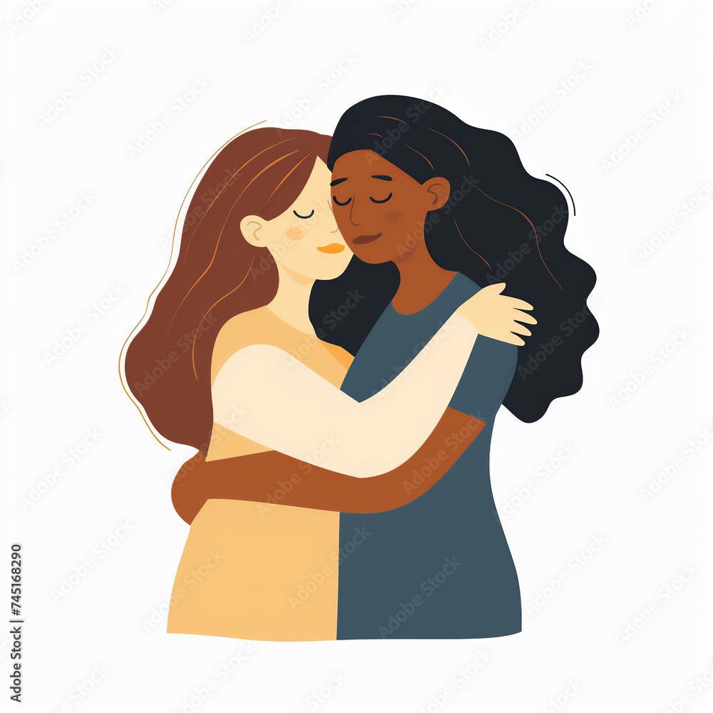 Black and white girls, women hugging each other, flat style vector illustration isolated on white background
