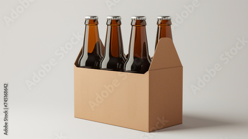 Beer in glass bottles in cardboard carrying case isolated on white background. Mockup