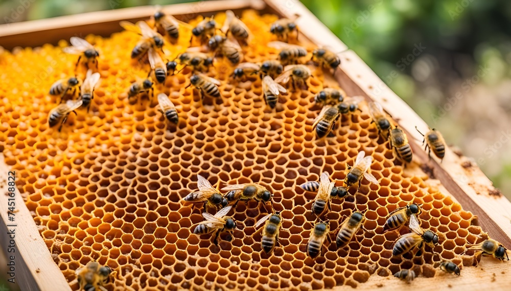 closeup of bees on honeycomb in apiary - selective focus, copy space
closeup of bees on honeycomb in apiary - selective focus, copy space