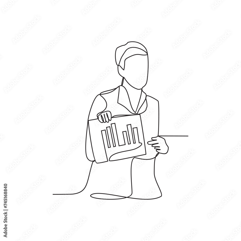One continuous line drawing of a businessman presenting his business to a client successfully at the office vector illustration. Businessman activity illustration simple linear style vector concept
