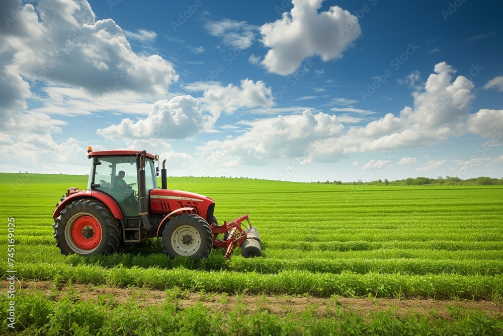 an agricultural farming vehicle tractor working harvesting on a field of green crops an agricultural farming vehicle tractor working harvesting on a field of green crops