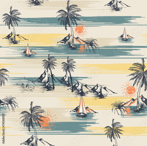 tropical summer palm beach pattern in vector, beach sunset with mountain view all over textile fabric