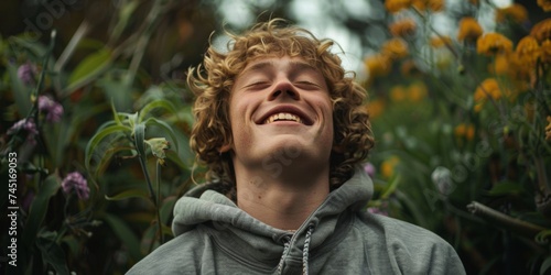 Joyful Young Adult with Curly Hair Smiling in a Serene Outdoor Setting