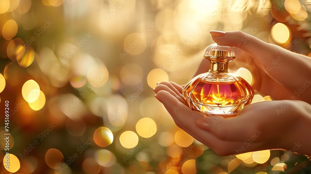 Portrait of a hand holding elegant perfume bottle against a blurry defocused yellow light backdrop and a space for text or product, Generative AI.