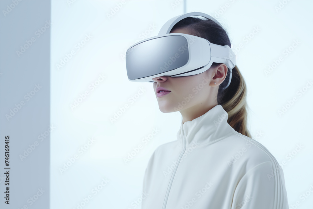Woman Wearing VR Glasses, exploring Virtual Reality and Metaverse Woman Wearing VR Glasses, exploring Virtual Reality and Metaverse