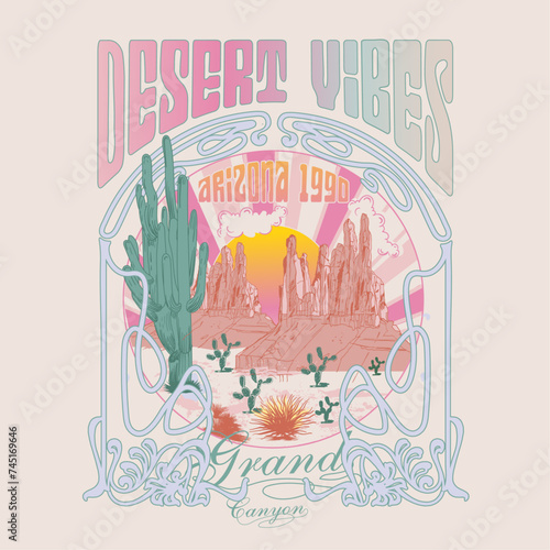 Desert summer print design for t shirt, sweatshirt, women's, girls collection, slogan for Desert vibes grand canyon Arizona 1990, graduand graphic design
