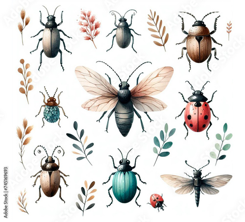 Cute insects watercolor illustration, hygge style, bugs © jujmockup