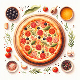 Pizza watercolor illustration, food illustration, napolitana pizza illustration
