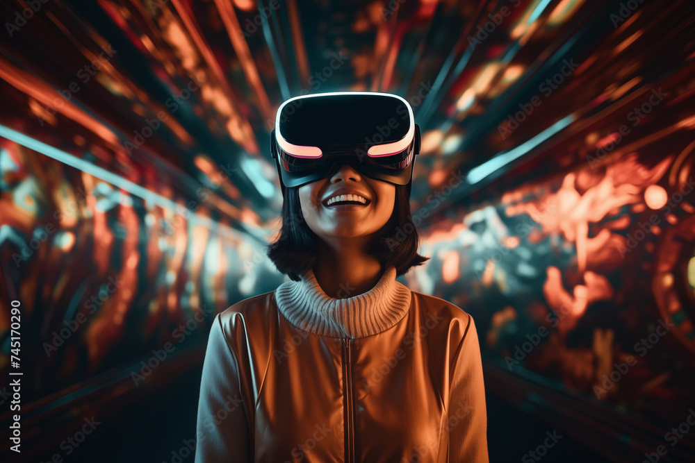 portrait of a smiling girl of Asian appearance wearing virtual reality glasses