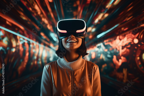 Obraz na płótnie portrait of a smiling girl of Asian appearance wearing virtual reality glasses w salonie