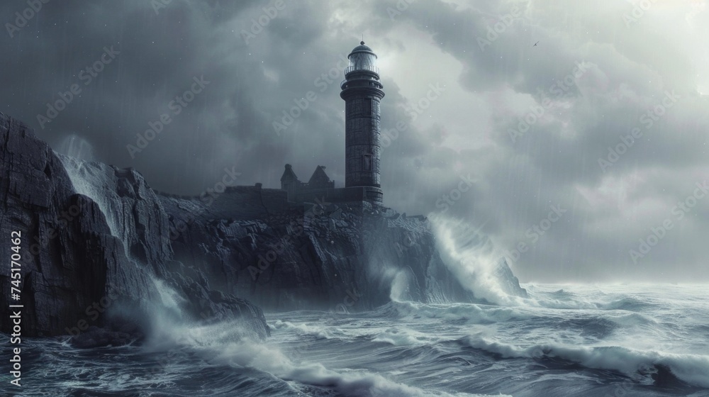 Old lighthouse on the edge of a low cliff by the cold sea with big waves in bad weather. AI generative.