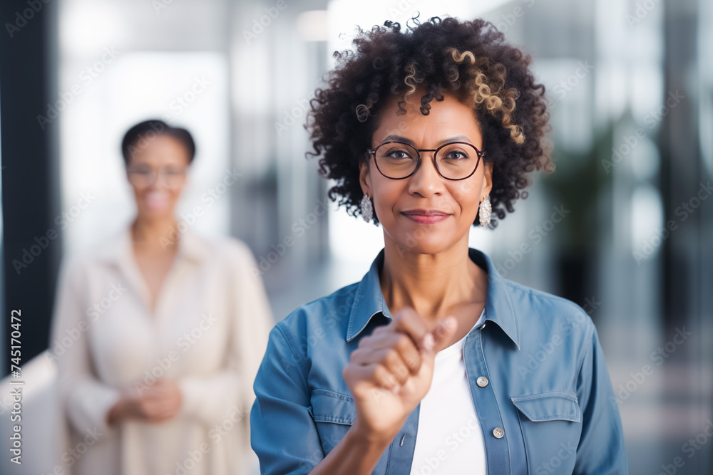 Confident African-American Adult Woman with Curly Hair Pointing Forward Confident African-American Adult Woman with Curly Hair Pointing Forward