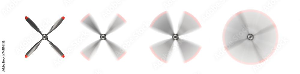 four bladed propeller with many speed versions. Pen tool cutout. Isolated transparent PNG. Fan propeller. Airplane propeller. Spinning propeller. - obrazy, fototapety, plakaty 