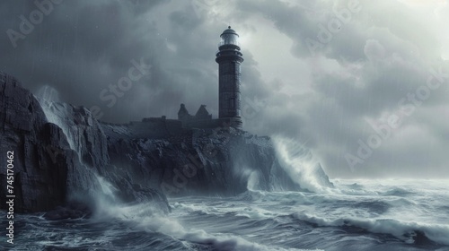 Old lighthouse on the edge of a low cliff by the cold sea with big waves in bad weather. AI generative. © PROKOPYCH