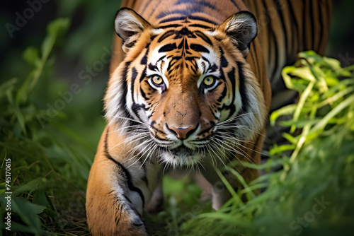 Sunlit Tiger: A Majestic Predator in Its Natural Green Habitat © Samuel