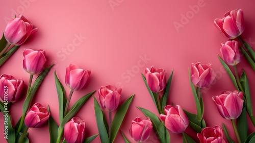 Wallpaper Mural Background with pink tulip flowers, floral frame with copyspace for your text. Spring concept, pink colored. Torontodigital.ca