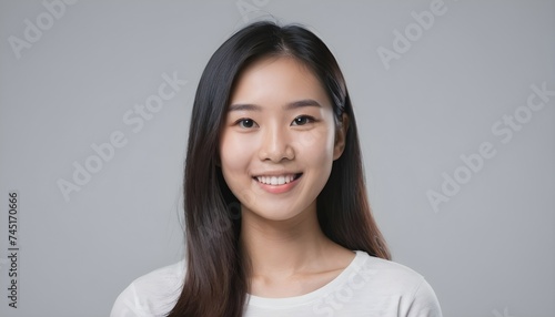 Portrait of a Cheerful Asian young woman, girl. close-up. smiling. plain background. Healthy skin