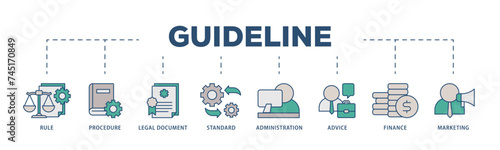 Guideline icons process structure web banner illustration of rule, procedure, legal document, standard, administration, advice, finance, marketing icon live stroke and easy to edit 
