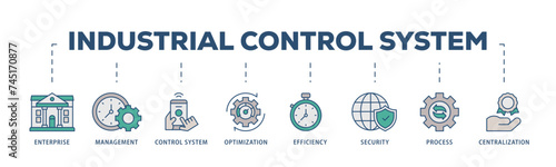 Industrial control system icons process structure web banner illustration of enterprise, management, control system, optimization, efficiency icon live stroke and easy to edit 