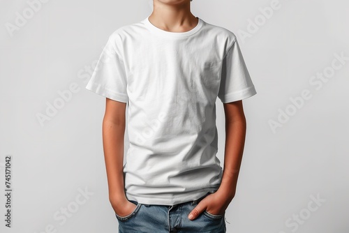 Sweet blonde little guy with a white setting and a solitary white t-shirt and space, Generative AI.
