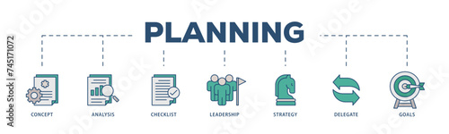 Planning icons process structure web banner illustration of concept, analysis, checklist, leadership, strategy, delegate and goals icon live stroke and easy to edit 
