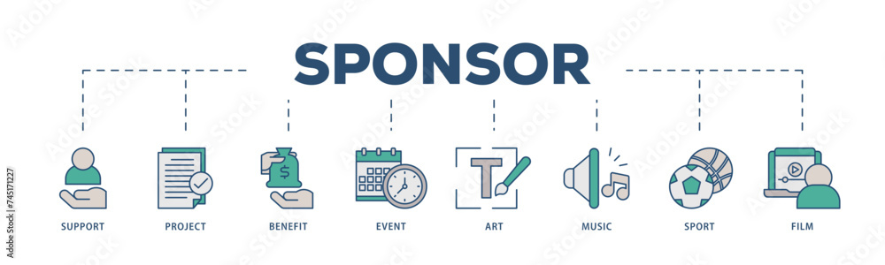 Sponsor icons process structure web banner illustration of film, sport, event, music, art, benefit, project, support icon live stroke and easy to edit Sponsor icons process structure web banner illustration of film, sport, event, music, art, benefit, project, support icon live stroke and easy to edit