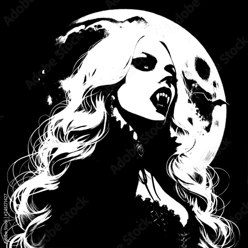 Female vampire with exposed fangs under the moon