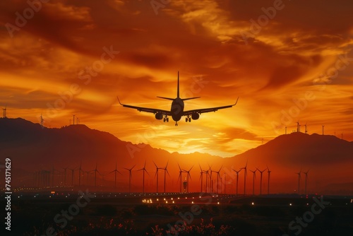 Airplane Taking Off Against an Orange Sunset Sky with Wind Turbines and Mountains in the Background