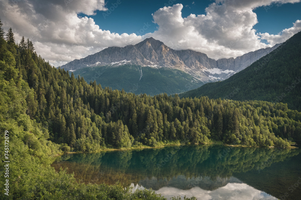 Lago circondato da alberi con imponente montagna in lontananza