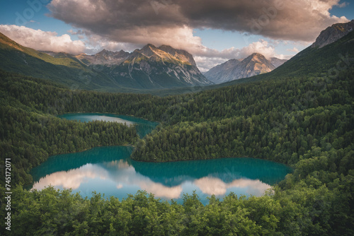 Lago circondato da alberi con imponente montagna in lontananza photo