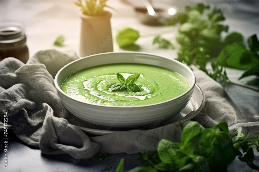 Dietary green cream soup made from green vegetables and fresh herbs. Close-up Dietary green cream soup made from green vegetables and fresh herbs. Close-up