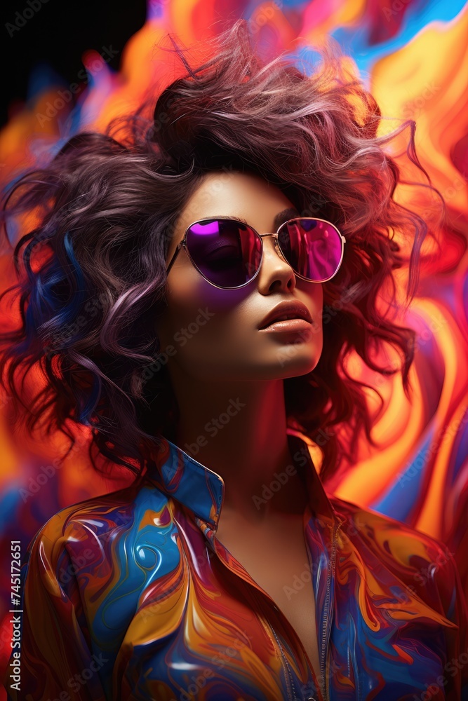 A woman's portrait transformed into an abstract burst of colors, radiating a unique and captivating aura in the pop art style