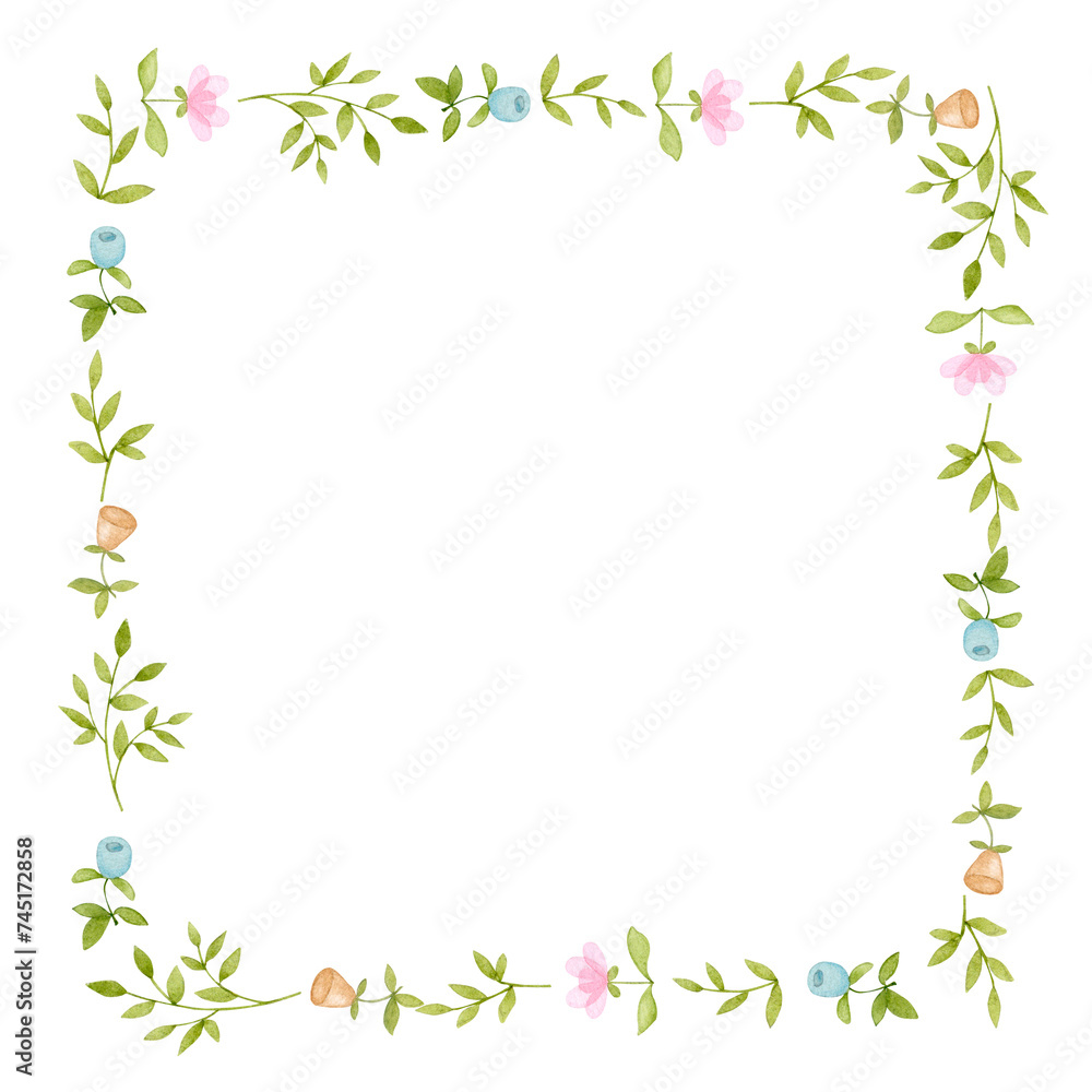 Square flower frame. Hand drawn watercolor illustration. Easter, spring, children's party, birthday, baby shower. Design for greeting cards, invitations, posters.